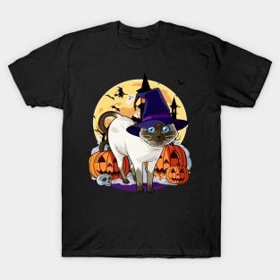 Siamese Cat Cute Witch Halloween Pumpkin T-Shirt